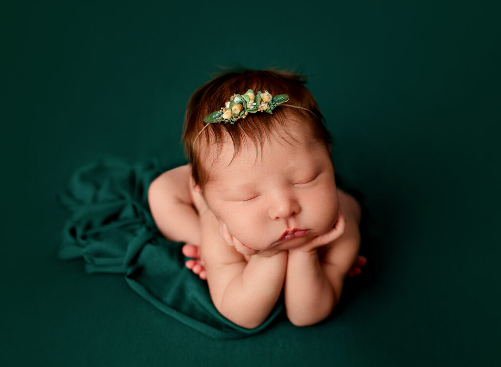 Newborn girl is posed in froggy position with her hands on her face wearing a green and yellow headband