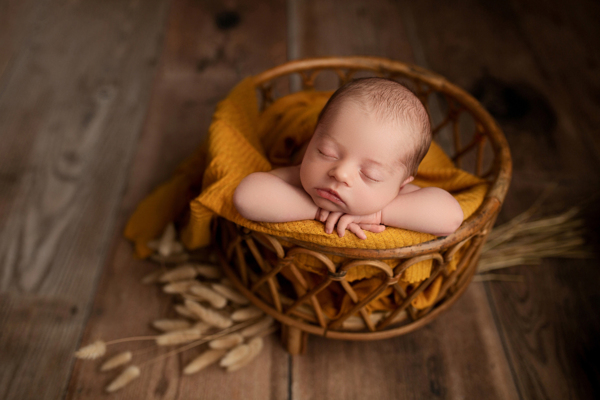 Newborn baby boy sleeps in a basket on a yellow blanket with wheatgrass and cattails
