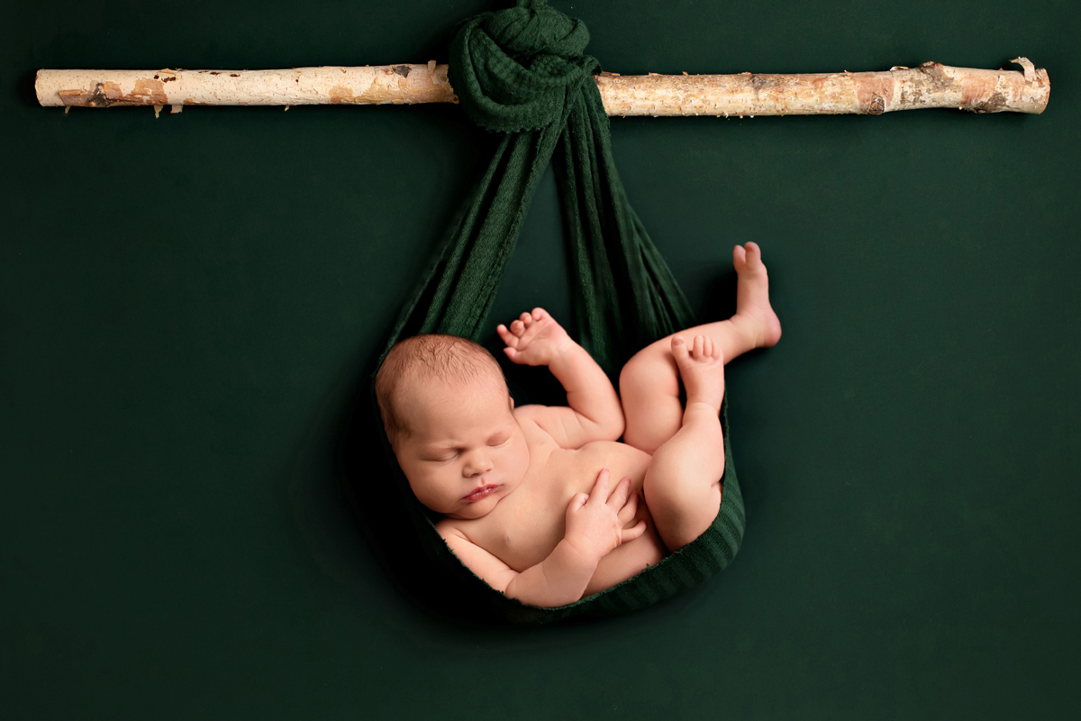Baby boy hangs from a stick on a hunter green background, nature inspired