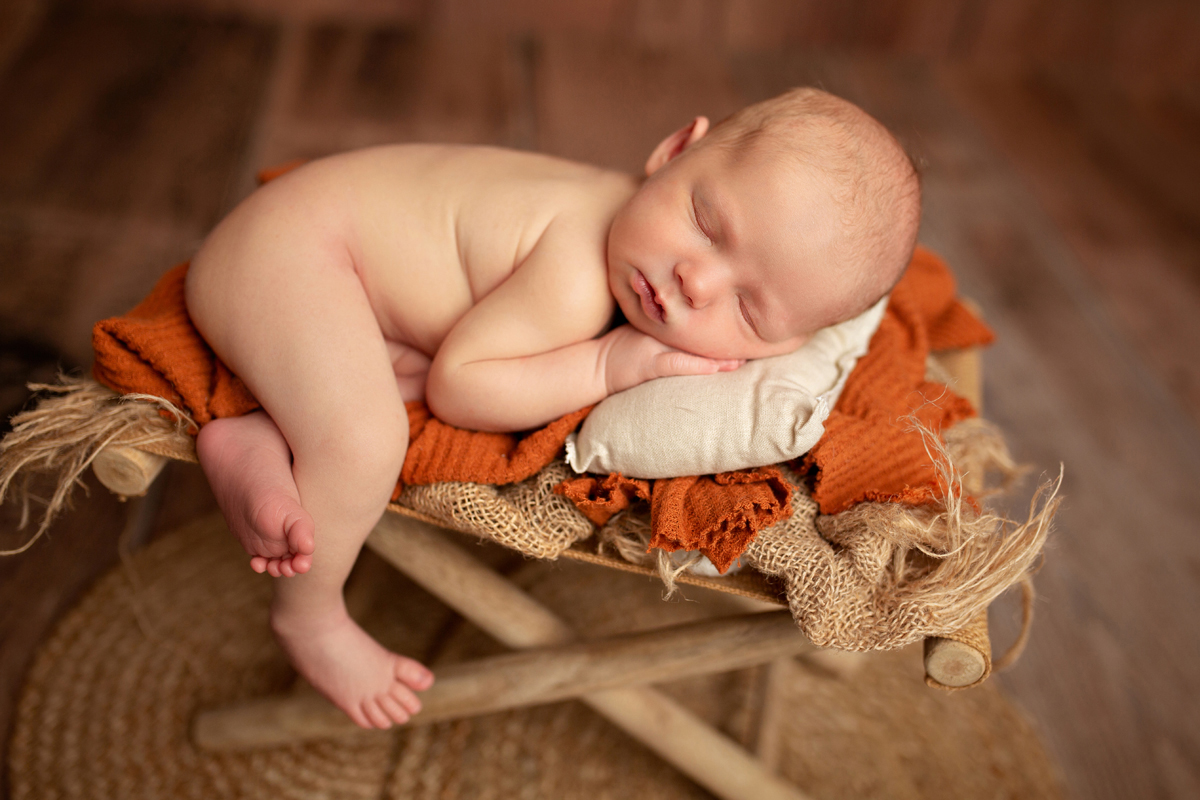 Newborn Baby Boy Sleeping on a Pillow on a Hammock with orange and fall colors