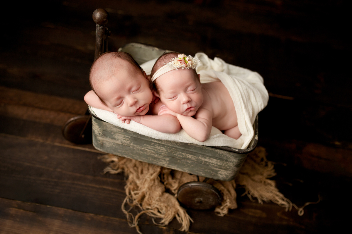 Baby Boy and Baby Girl Twins Posed on Tummies in Metal Wagon on Dark Wood Floor