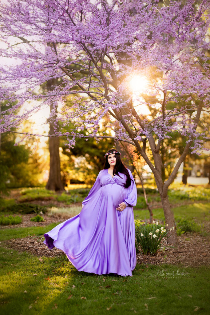 Pregnant woman in purple dress in dogwood trees